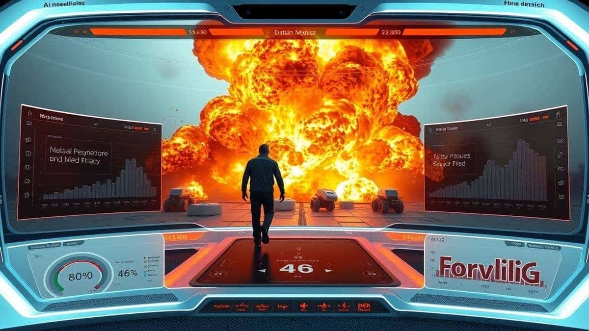 futuristic ai video generator interface displaying a person walking away from a massive explosion, cinematic lighting, modern dashboard, ultra detailed, 4k, photorealistic