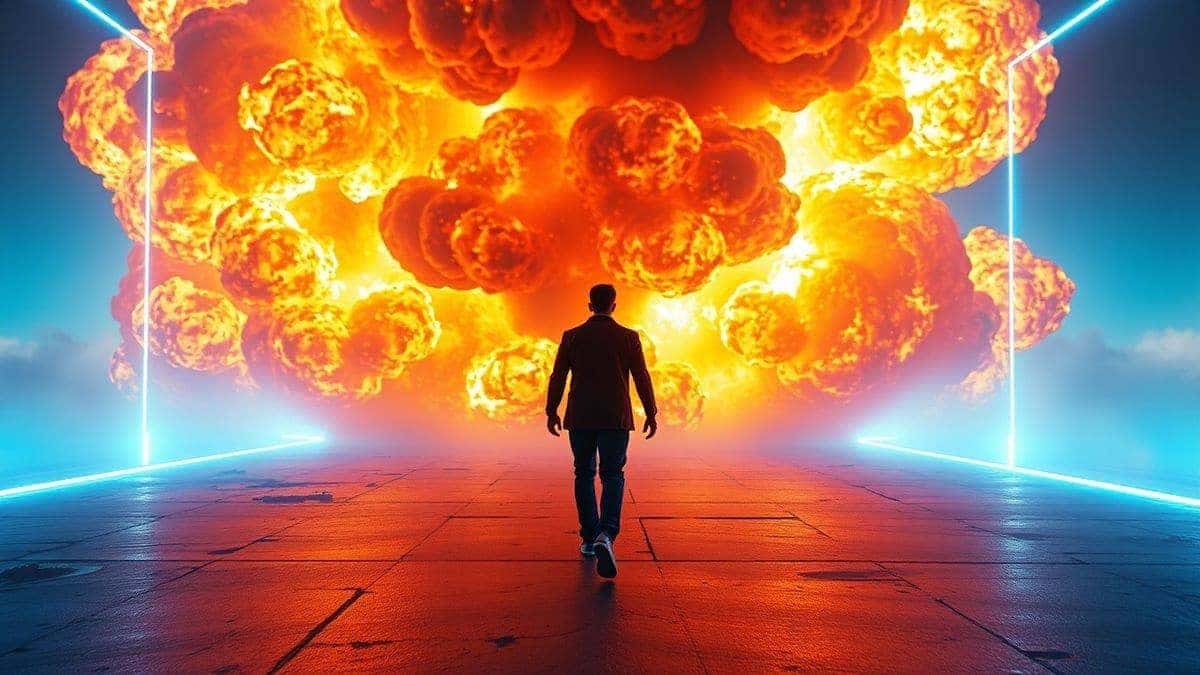 futuristic ai video generator interface showing a person walking away from a massive explosion, cinematic lighting, modern ui, ultra detailed, 4k
