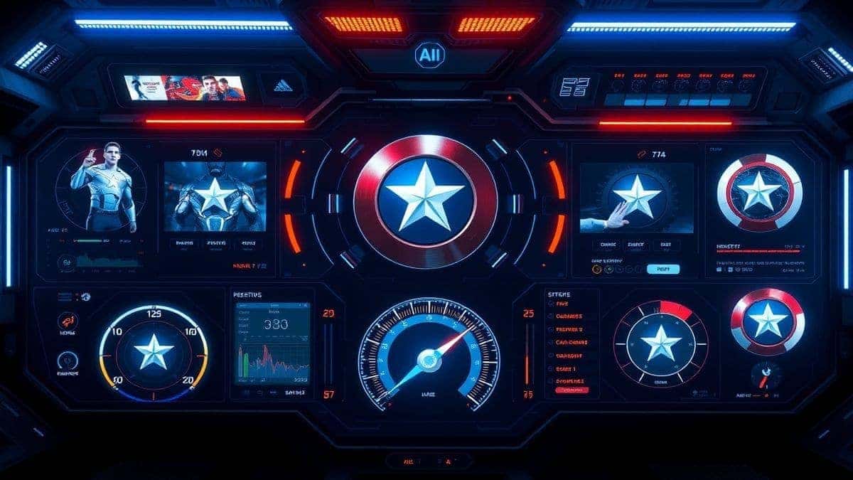 futuristic dashboard showing multiple ai generated captain america style video transformations, superhero shield effects, cinematic lighting, 4k quality, modern ui