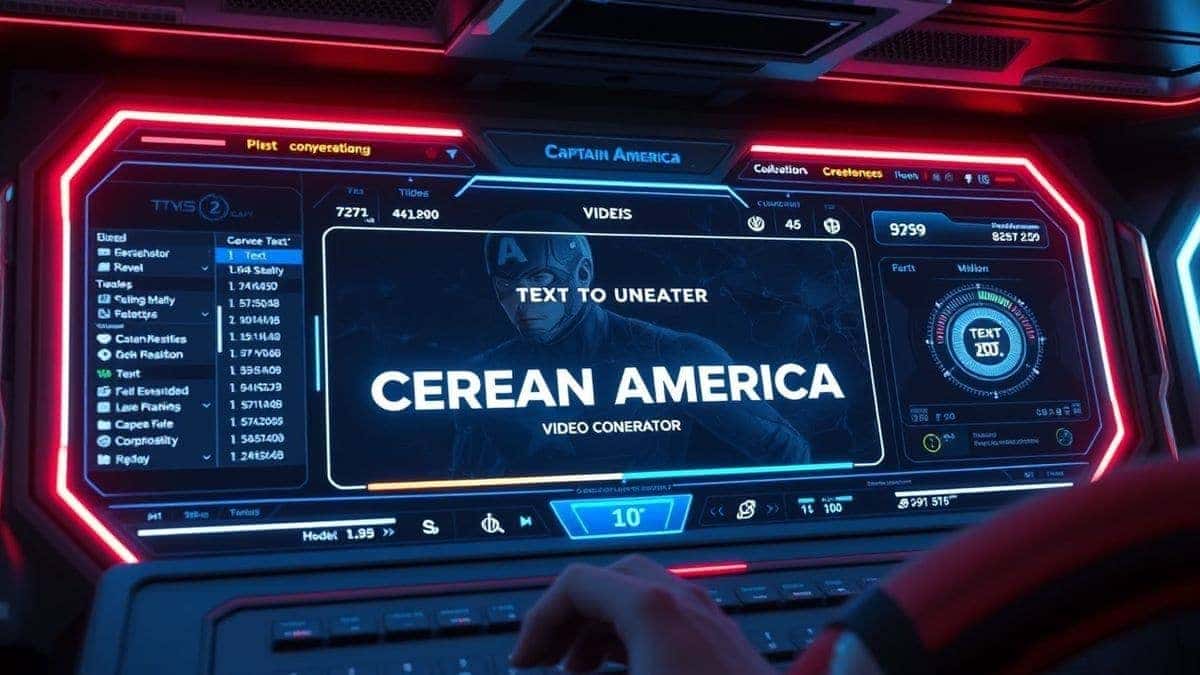 sleek futuristic dashboard of AI Captain America video generator showing text to video conversion process with superhero themed interface, cyberpunk lighting, ultra realistic, 4k quality