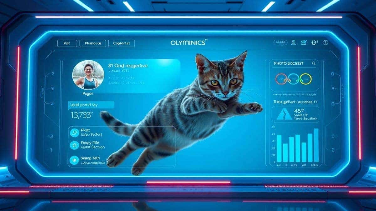 futuristic ai video generator dashboard showing cat diving olympics interface with photo upload area, neon blue lighting, modern minimalist design, ultra detailed 4k