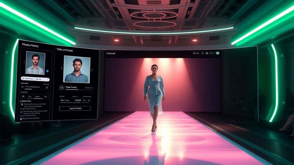futuristic ai catwalk generator dashboard interface showing a photo upload area and a video rendering preview of a model walking on a runway, cinematic lighting, ultra detailed, 4k