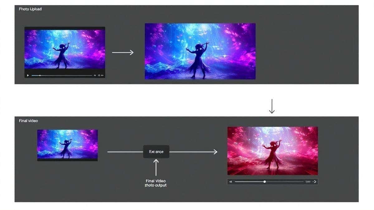 step by step visual of ai dance video creation showing photo upload, style selection, and final video output, professional workflow diagram, ultra detailed step by step visual of ai dance video creation showing photo upload, style selection, and final video output, professional workflow diagram, ultra detailed