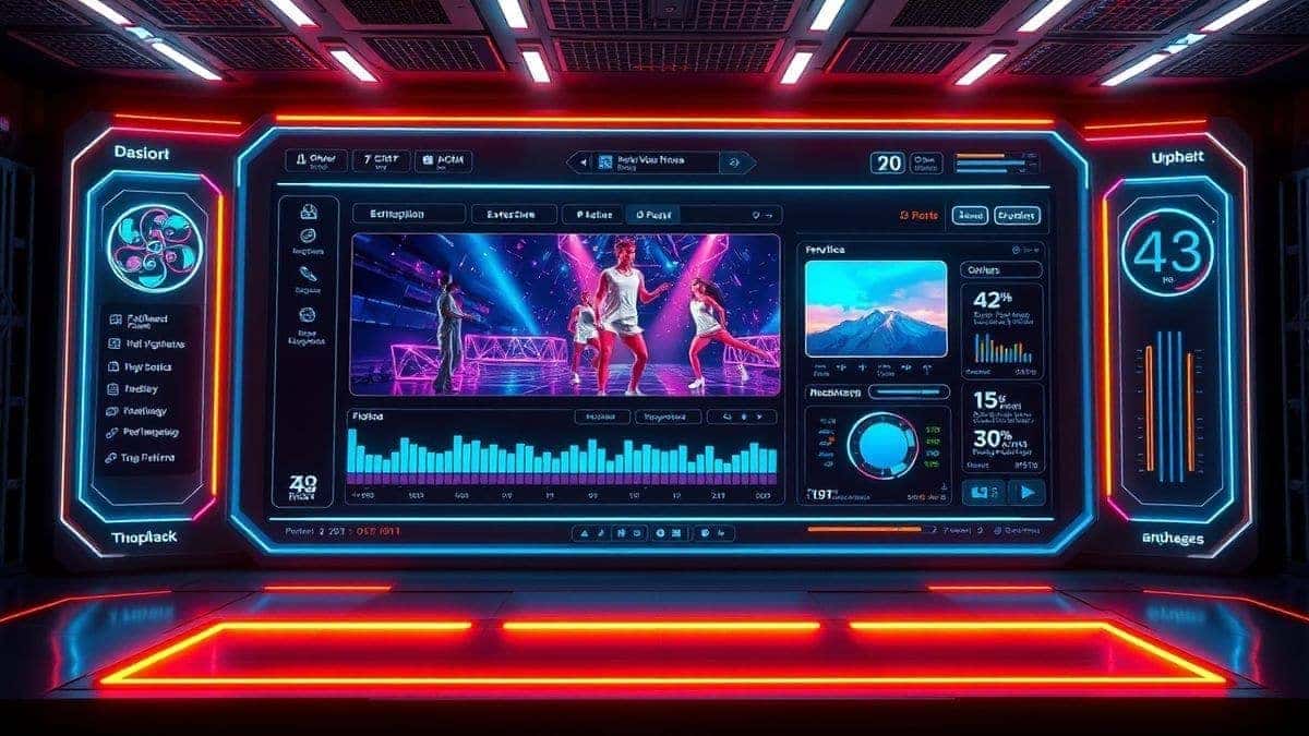 futuristic ai dance video generator dashboard showing photo upload interface, cinematic lighting, neon accents, ultra detailed 4k professional workspace