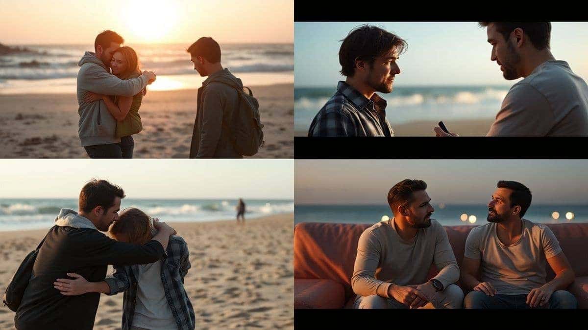 Collage of diverse examples showing AI generated fake boyfriends in various scenarios like hugging, walking on beach, and casual conversation, ultra realistic, cinematic, 4k, professional lighting