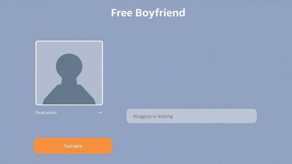 Screenshot of the AI Fake Boyfriend tool interface showing upload photo area and text prompt input for describing desired scenes like hugging or kissing, clean modern design, futuristic vibe