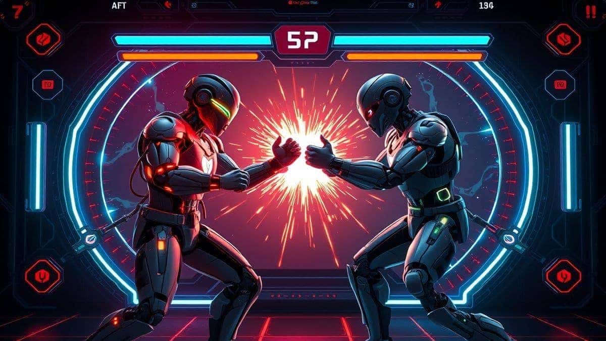 futuristic ai fight generator interface showing two characters in a cinematic battle scene, neon lighting, modern ui, ultra detailed, 4k