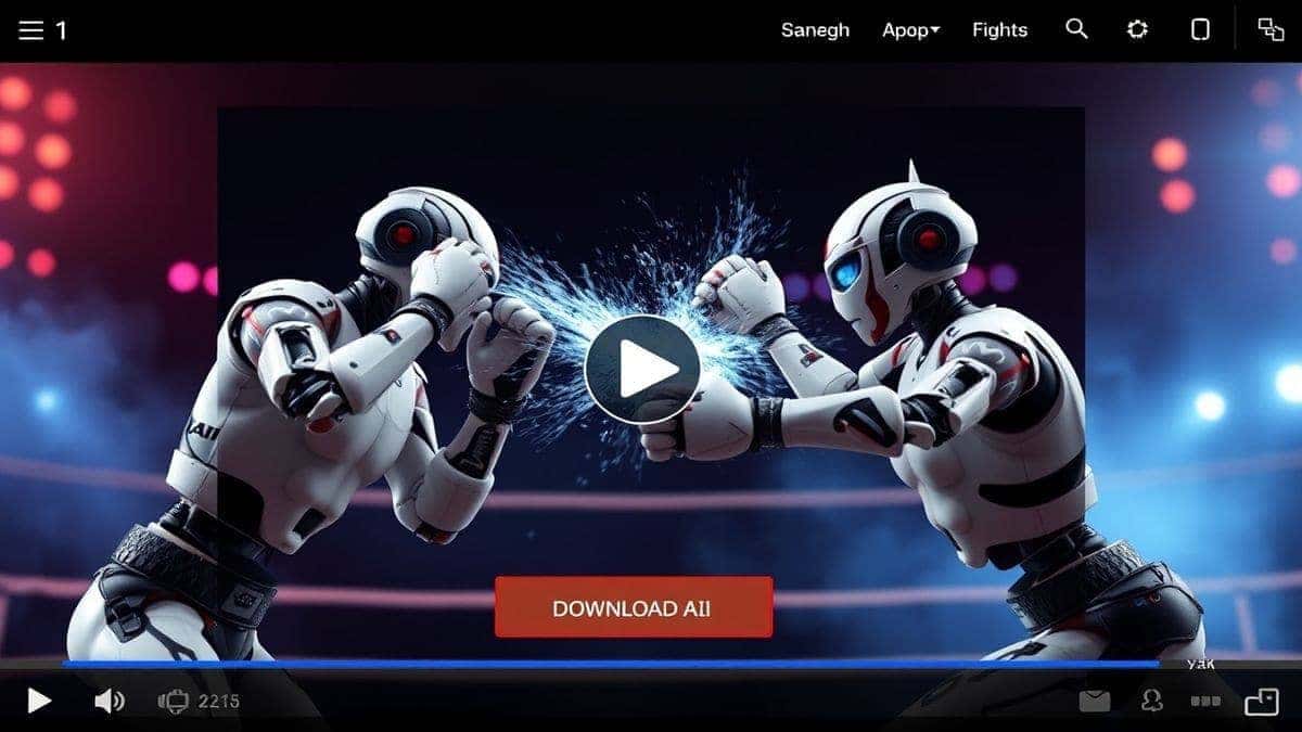 user downloading finished ai generated fight video from online tool, download button highlighted, modern web interface, 4k