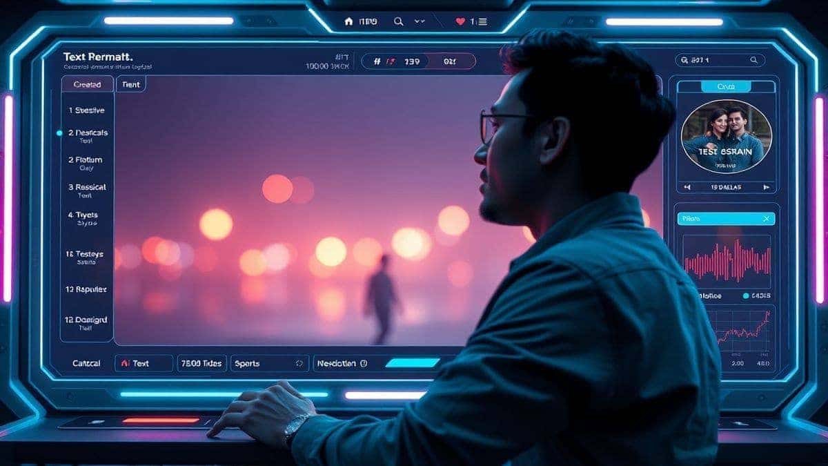 futuristic ai video generator dashboard with a romantic couple scene being created from text prompt, cinematic lighting, modern ui, ultra detailed, 4k