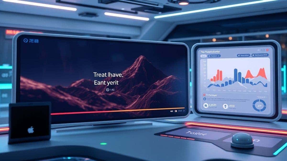 futuristic ai video generator interface creating video from text prompt, cinematic lighting, modern ui, ultra detailed, 4k resolution, professional dashboard