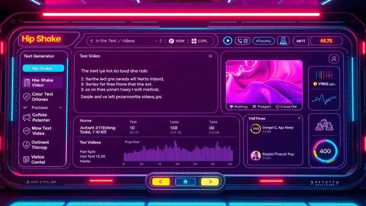 futuristic AI hip shake video generator dashboard interface showing text to video conversion process, neon lighting, modern UI, ultra detailed 4k