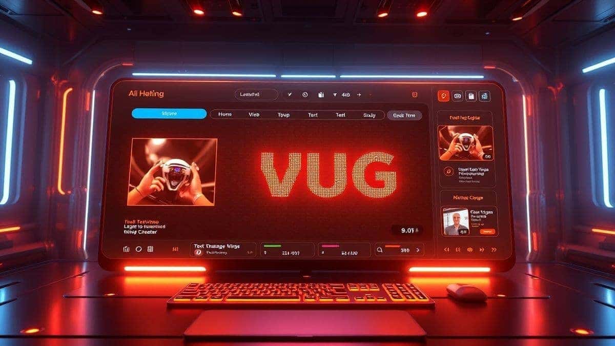 futuristic ai hug video generator interface showing a text to video creation dashboard, cinematic lighting, glowing user interface elements, modern software design, ultra detailed, 4k
