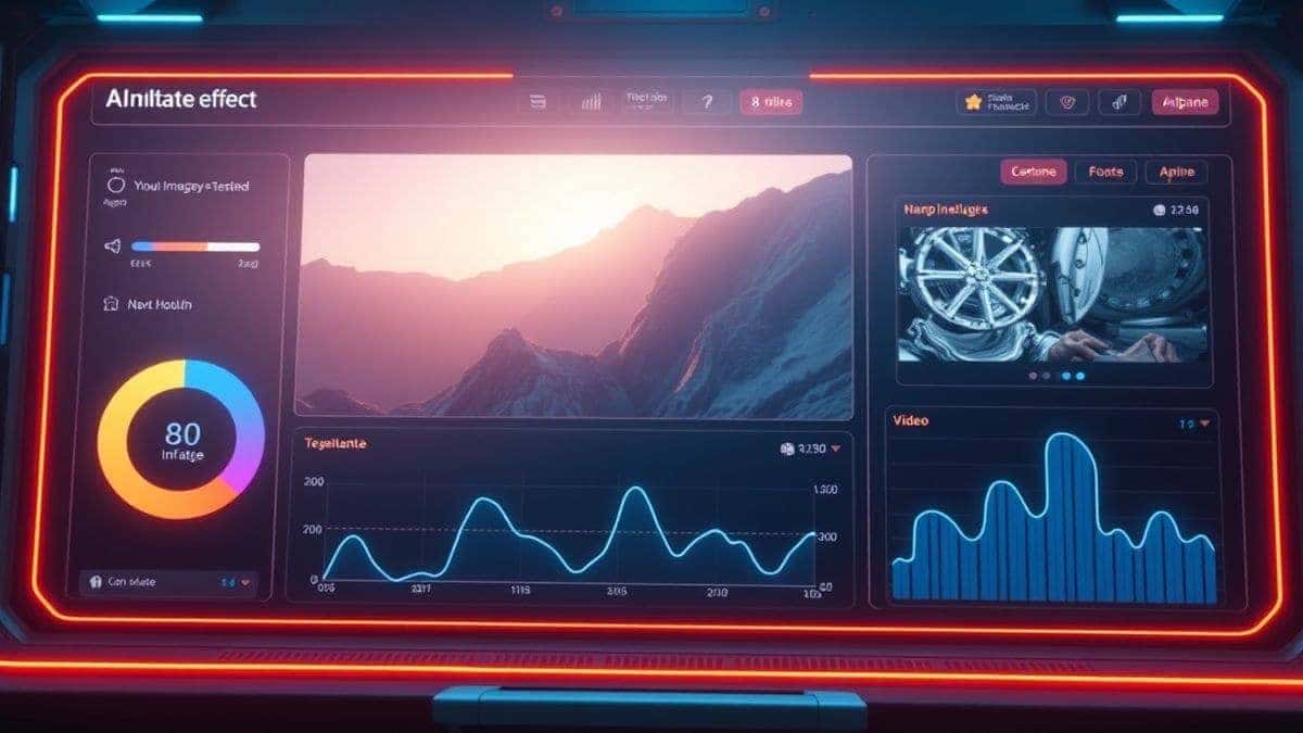 futuristic ai inflate effect dashboard interface showing object inflation process from image to video, modern UI with neon accents, cinematic lighting, ultra detailed, 4k