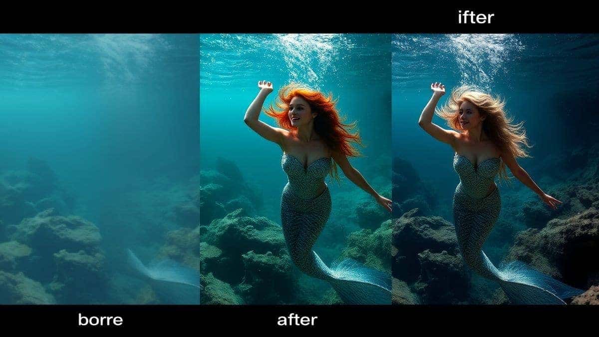 three split screen examples of best ai mermaid transformation videos showing before photo and after video result, underwater fantasy setting, photorealistic, 4k, cinematic lighting