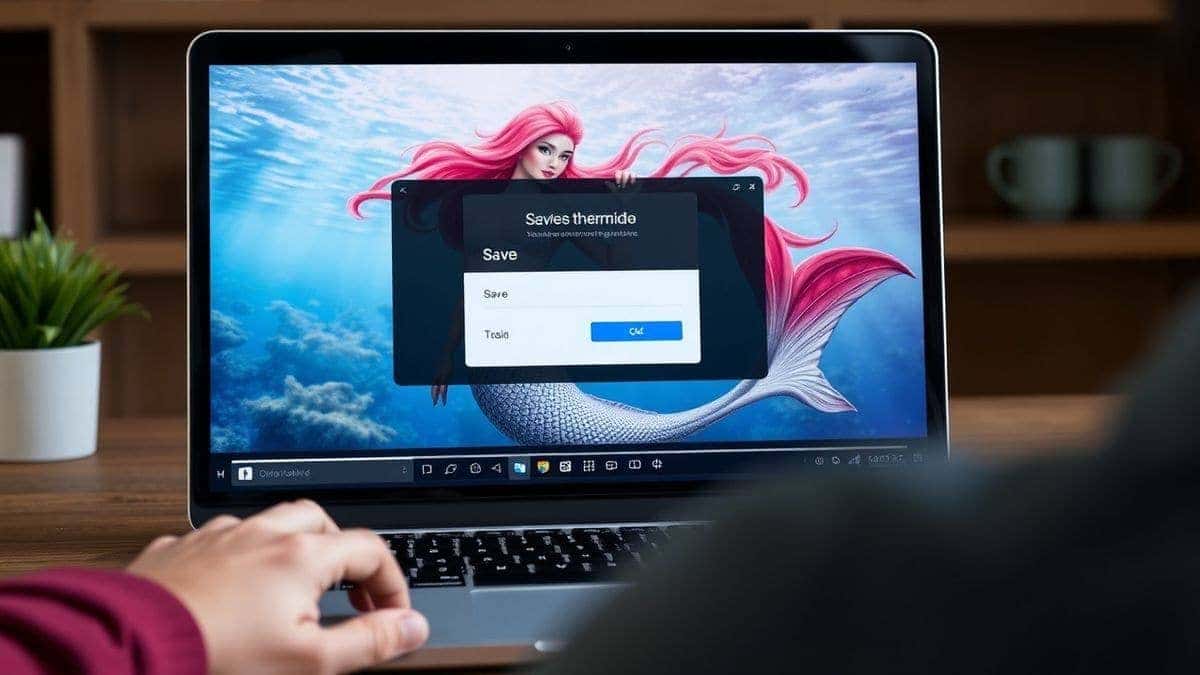 user downloading finished ai generated mermaid transformation video on laptop screen showing save dialog box, modern workspace setup, 4k
