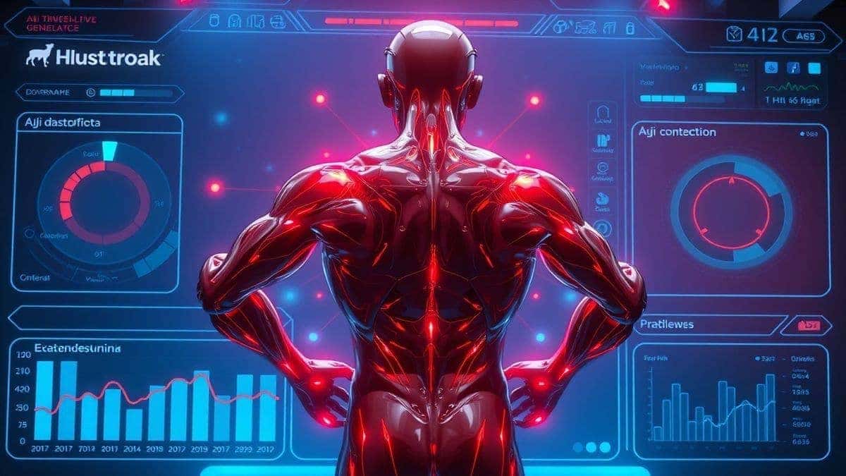 futuristic ai muscle generator dashboard interface showing body transformation preview, cinematic lighting, ultra detailed, modern ui, 4k