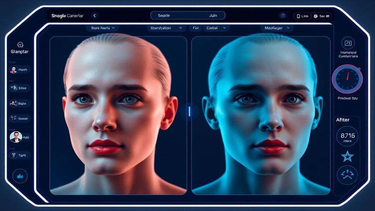 futuristic ai shocked face generator dashboard showing a before and after photo transformation, modern minimalist ui, neon blue lighting, ultra realistic expression, 4k quality