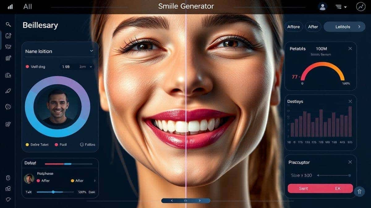 futuristic ai smile generator dashboard interface showing facial expression editing, modern ui, cinematic lighting, ultra detailed, 4k