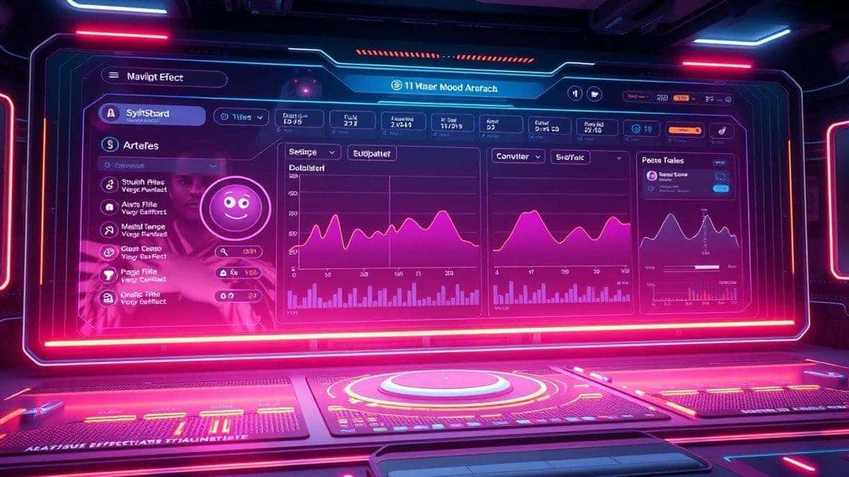 futuristic ai video generator interface showing a squish effect dashboard with a bouncing character, modern ui, cinematic lighting, ultra detailed, 4k, high quality, professional workspace