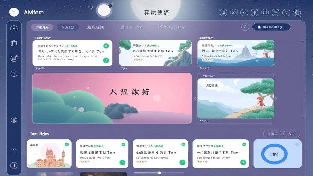AI Studio Ghibli dashboard interface showing text to video generation with Ghibli style templates, futuristic UI design, soft pastel colors, 4k resolution, ultra detailed