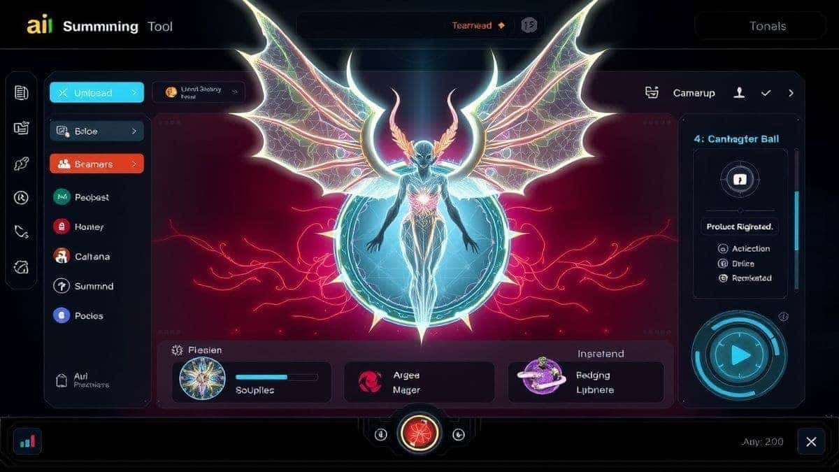 the ai summoning succubus tool dashboard interface showing image upload area and summoning circle video preview futuristic ui