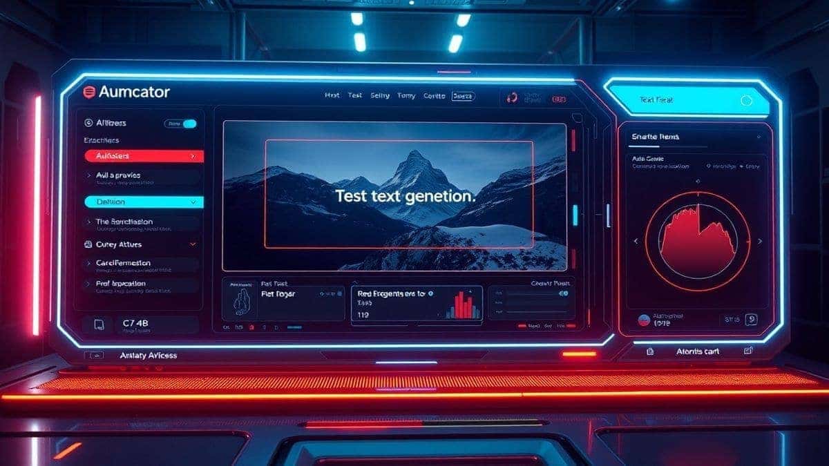futuristic ai video generator dashboard interface showing text prompt input and video preview, modern UI with neon accents, cinematic lighting, ultra detailed, 4k