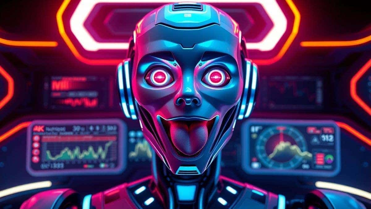 futuristic ai video generator dashboard showing a character making a tongue out face, neon lighting, modern interface, ultra realistic, 4k, cinematic quality