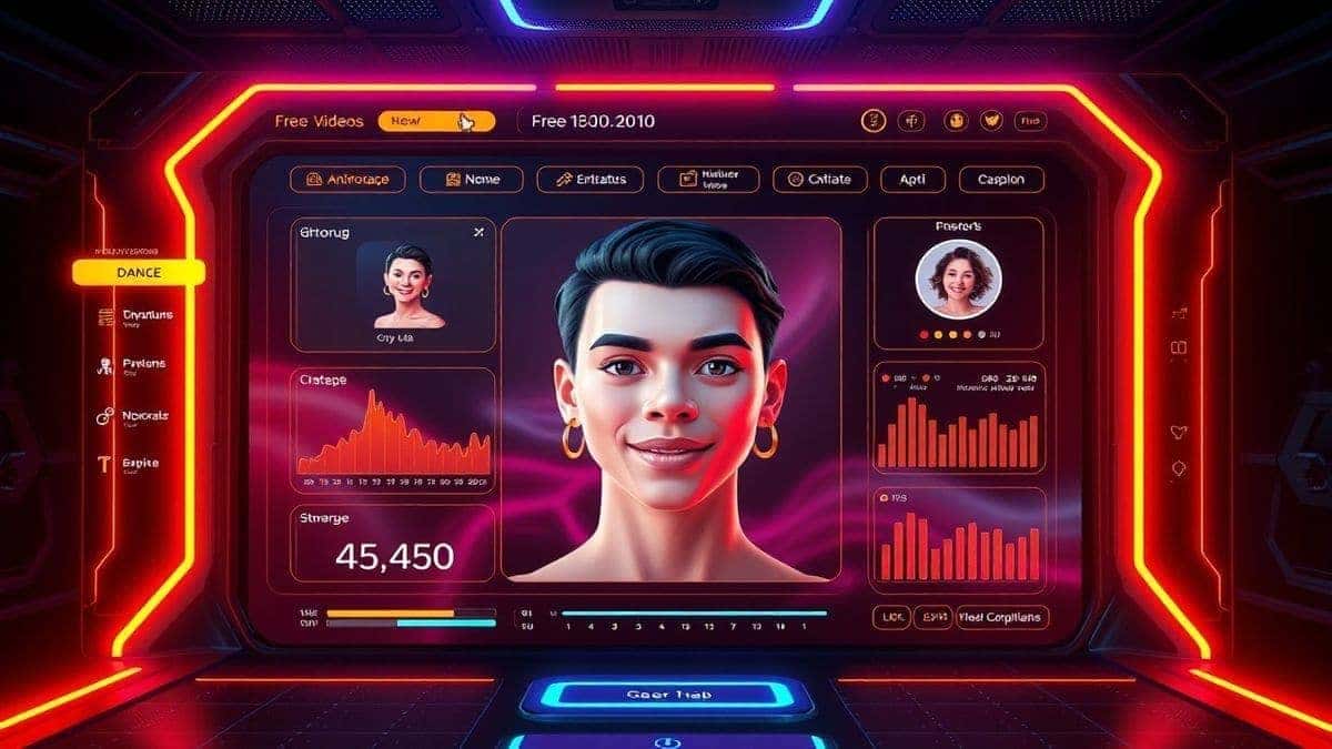 futuristic ai video generator dashboard interface showing face animation tool creating dance videos from photos, modern UI design with neon accents, ultra detailed, 4k