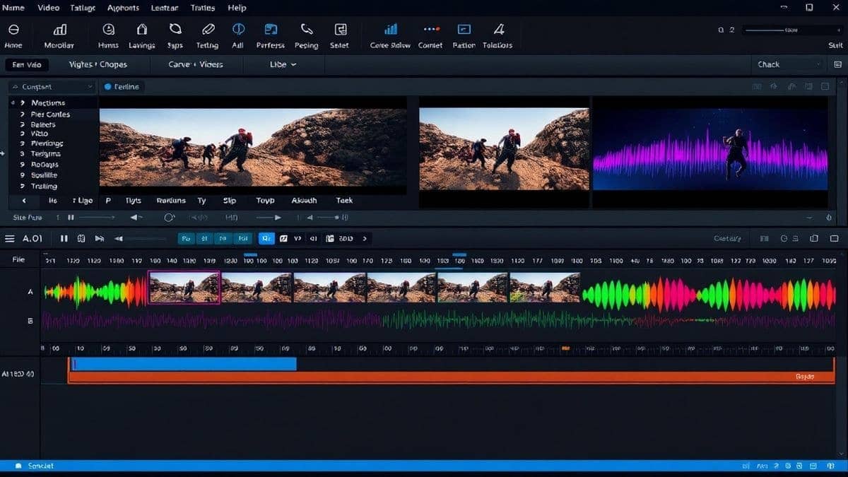 A video editing software timeline with multiple AI generated video clips arranged, colorful waveform audio tracks, professional editing workspace, high detail