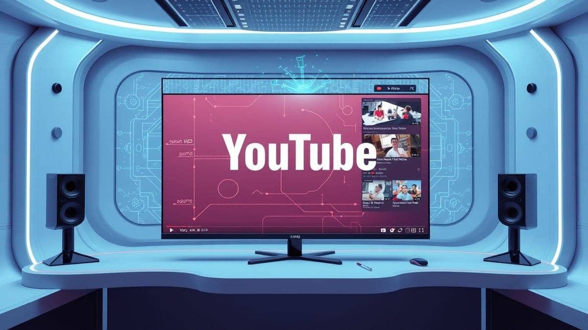 A futuristic YouTube studio interface with AI video generation tools visible on screen, holographic elements, clean modern design, 4k, high resolution