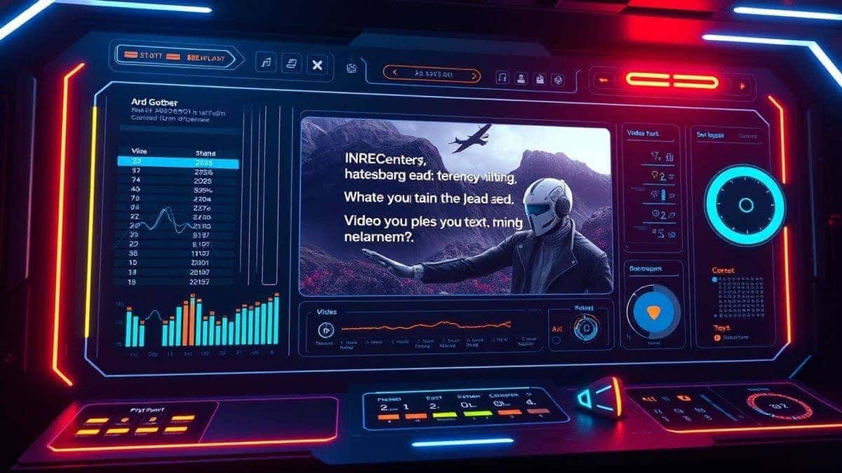 futuristic ai video generator dashboard interface creating video from text prompt, cinematic lighting, modern ui with neon accents, ultra detailed, 4k resolution
