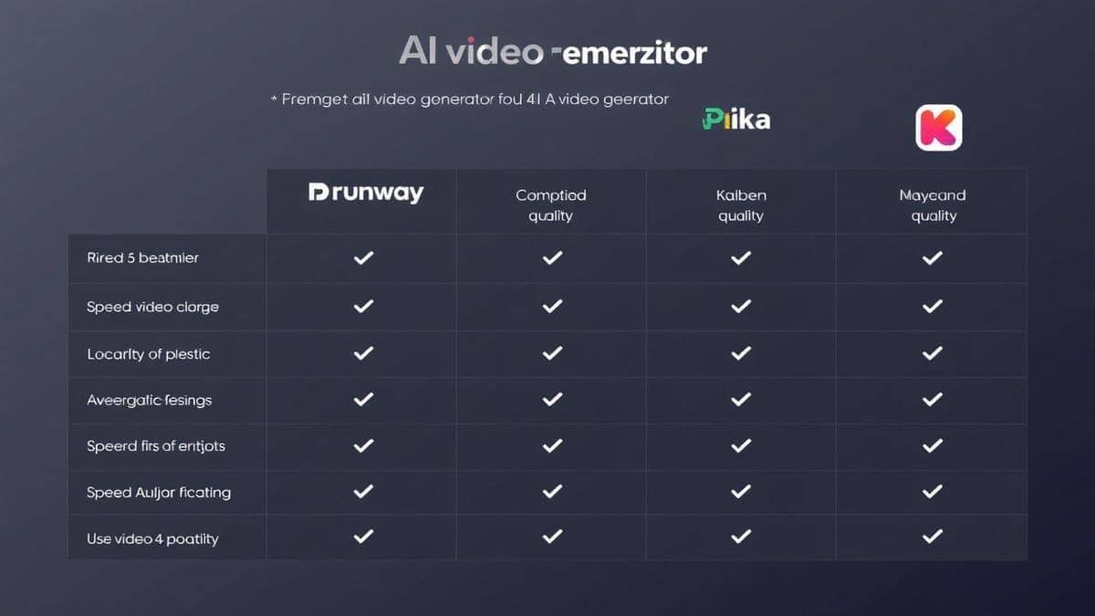 comparison chart of AI video tools including free AI video generator, Runway, Pika, Kaiber, showing features like price, speed, and quality, clean infographic style, 4k comparison chart of AI video tools including free AI video generator, Runway, Pika, Kaiber, showing features like price, speed, and quality, clean infographic style, 4k