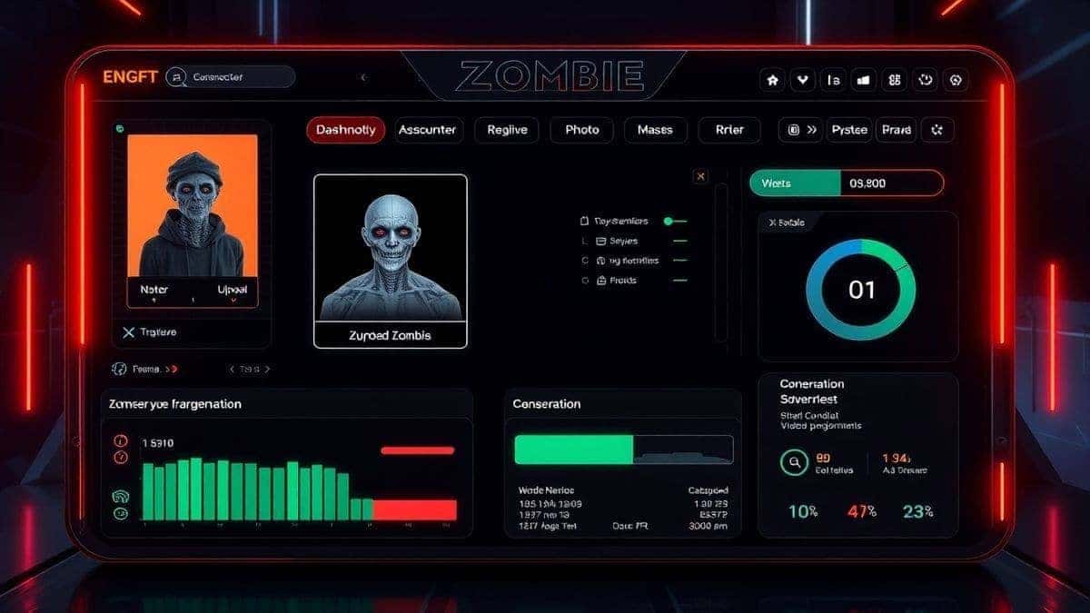 futuristic ai zombie transformation tool dashboard showing photo upload area and video generation progress bar, dark themed ui with neon accents, ultra detailed