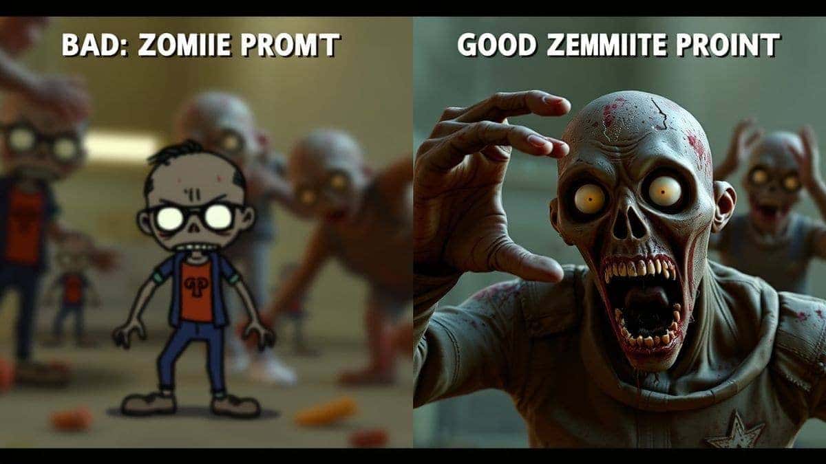 split screen comparison showing bad zombie prompt vs good zombie prompt results, left side blurry cartoon, right side photorealistic horror, detailed 4k textures split screen comparison showing bad zombie prompt vs good zombie prompt results, left side blurry cartoon, right side photorealistic horror, detailed 4k textures