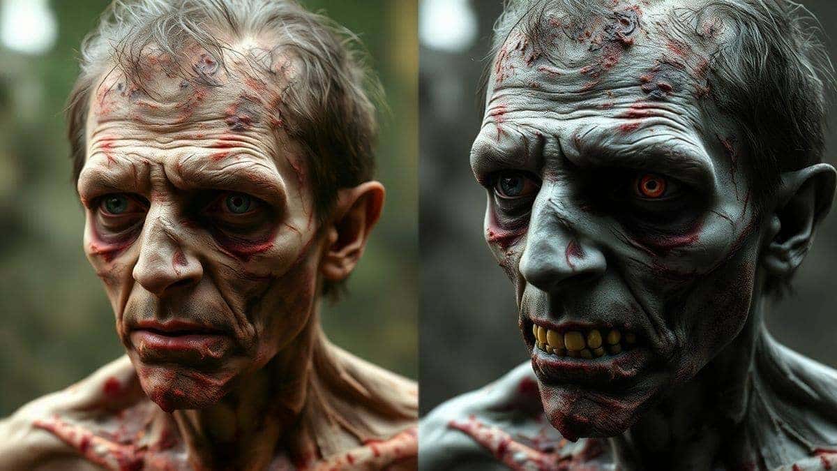 side by side comparison of normal person photo transformed into realistic zombie using ai, decaying skin and hollow eyes, cinematic horror lighting, ultra detailed, 4k