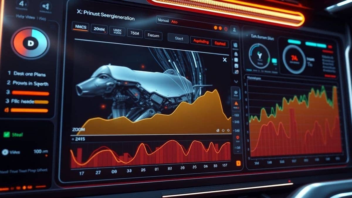 futuristic ai video generator dashboard showing dramatic zoom in effect preview, sleek modern interface, cinematic lighting, ultra detailed, 4k