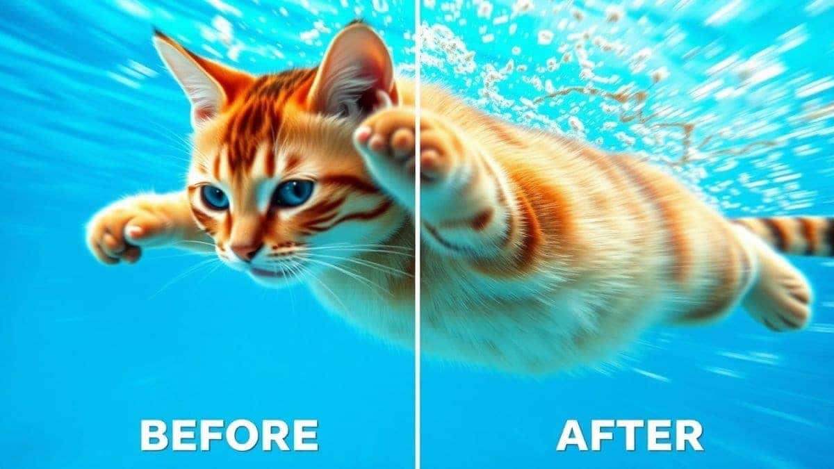 ai cat diving olympics tool converting static cat photo into dynamic diving video, split screen showing before and after, vibrant colors, high fidelity motion blur