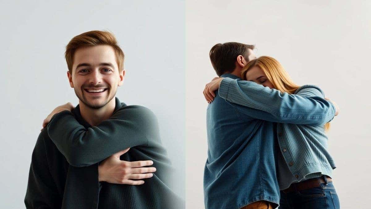 example of image to video ai transformation showing a static photo on the left and a generated video still of the same people hugging on the right, modern split screen comparison, ultra realistic, cinematic