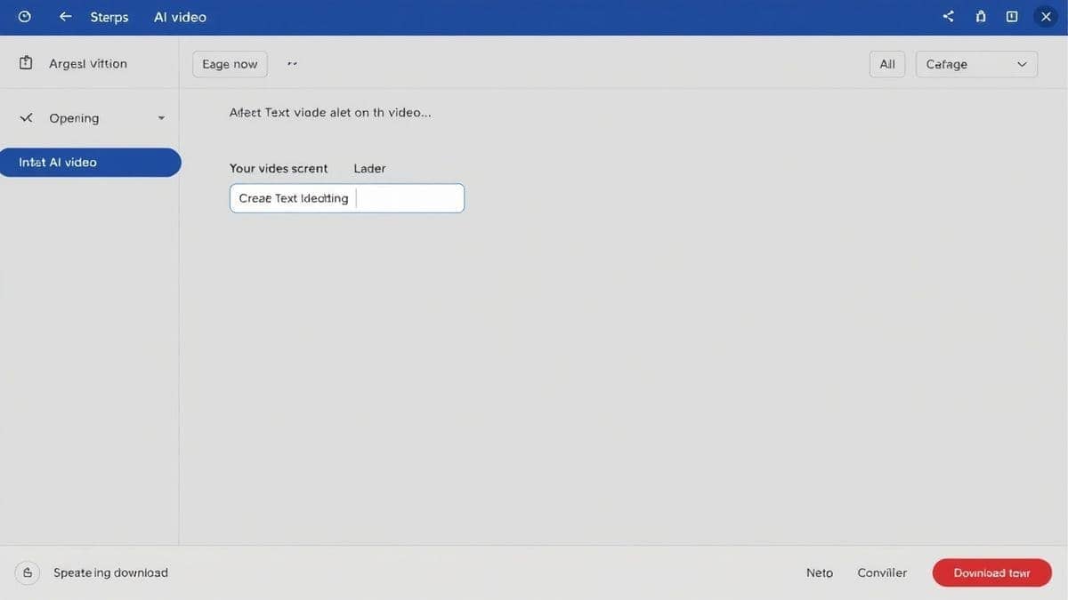 step by step process of creating AI video, showing text prompt input, loading screen, and final video download button, clean tutorial style, bright colors, 4k step by step process of creating AI video, showing text prompt input, loading screen, and final video download button, clean tutorial style, bright colors, 4k