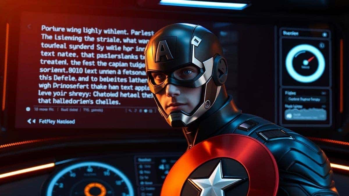 advanced ai video generator interface creating captain america style superhero from text prompt, modern minimalist dashboard, glowing accent lights