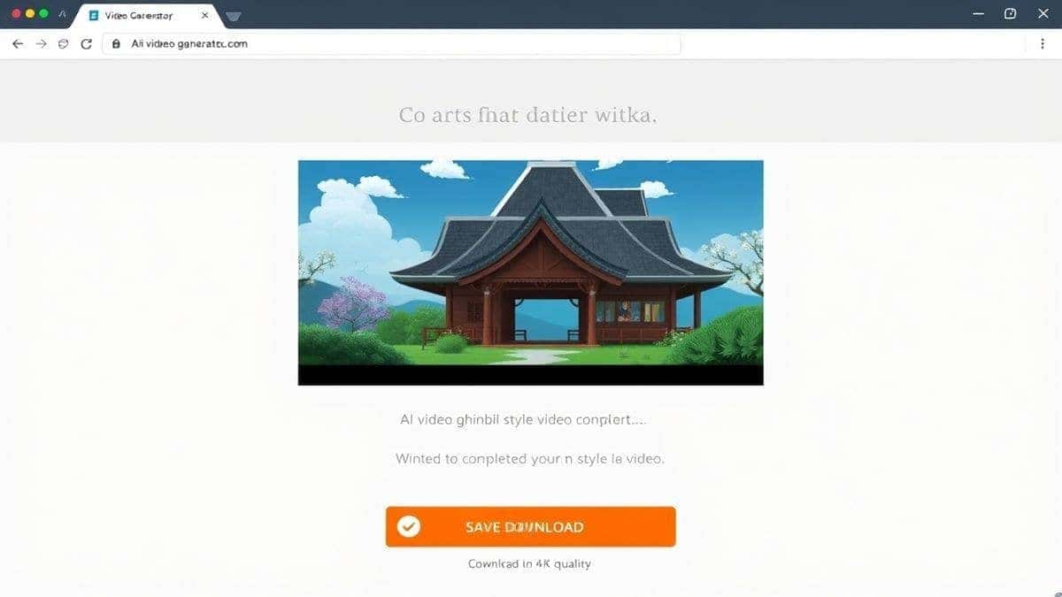 ai video generator download screen showing a completed Ghibli style video ready to save, modern interface with download button highlighted, 4k quality display ai video generator download screen showing a completed Ghibli style video ready to save, modern interface with download button highlighted, 4k quality display