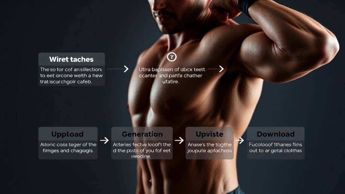 step by step text to video workflow for muscle transformation showing upload, generation, and download phases, modern ui, ultra detailed