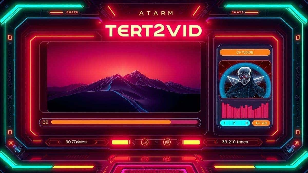 text2vid ai boom generator dashboard showing photo upload area and video generation progress bar, futuristic design, neon accents, ultra detailed