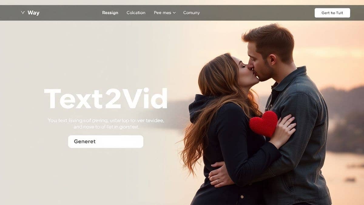 text2vid ai kissing generator platform showing text to video conversion for romantic scenes, modern web interface with generate button, ultra detailed