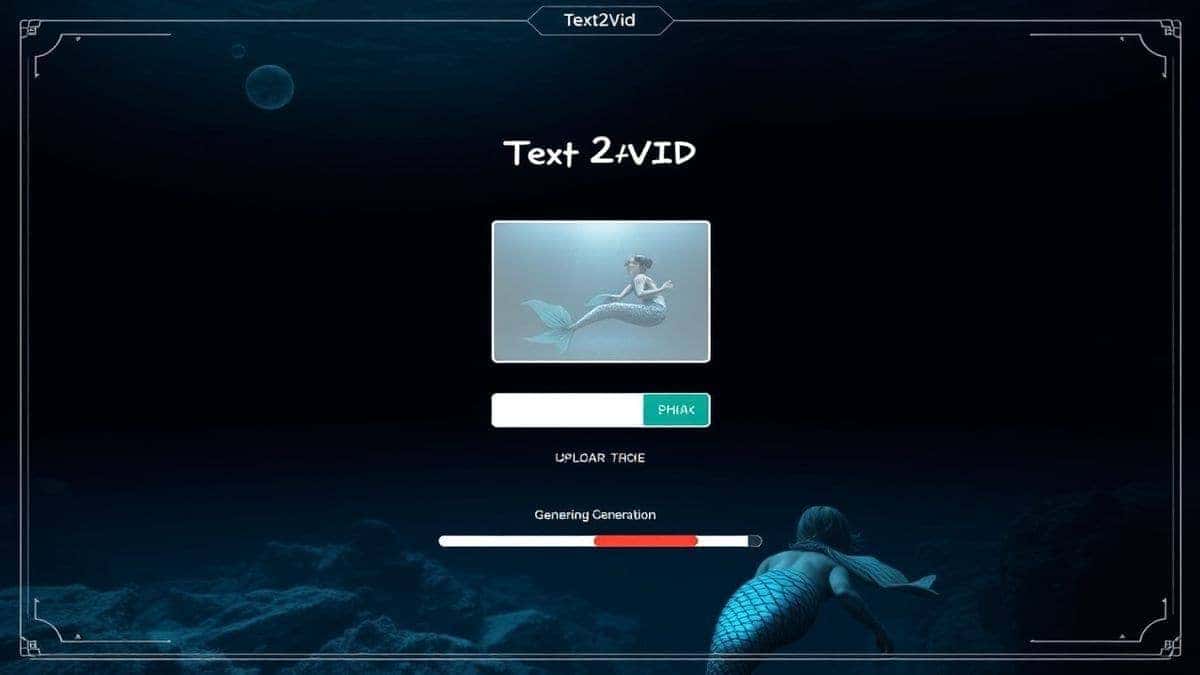 text2vid org ai mermaid transformation tool interface showing photo upload area and video generation progress bar, futuristic design, dark mode, ultra detailed