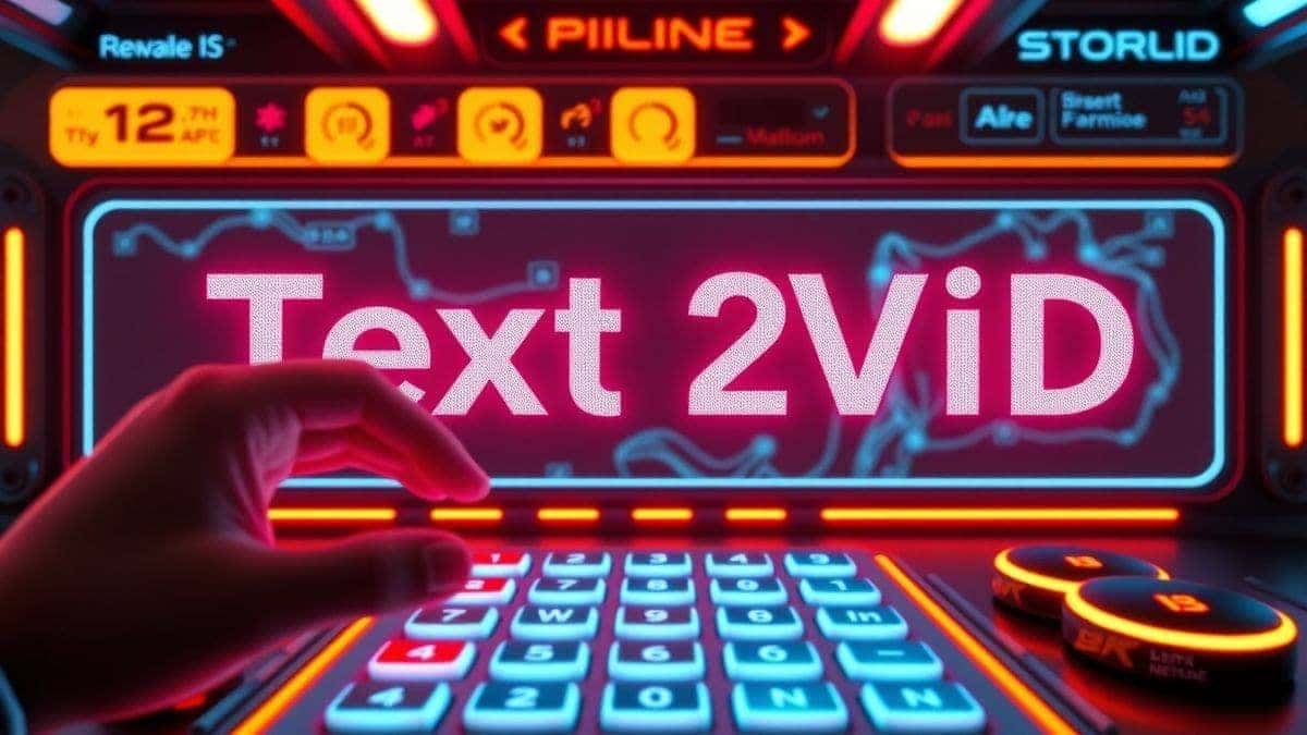 text2vid ai video generator converting text prompt into dancing video clip, futuristic video creation dashboard with neon buttons, ultra detailed, 8k text2vid ai video generator converting text prompt into dancing video clip, futuristic video creation dashboard with neon buttons, ultra detailed, 8k