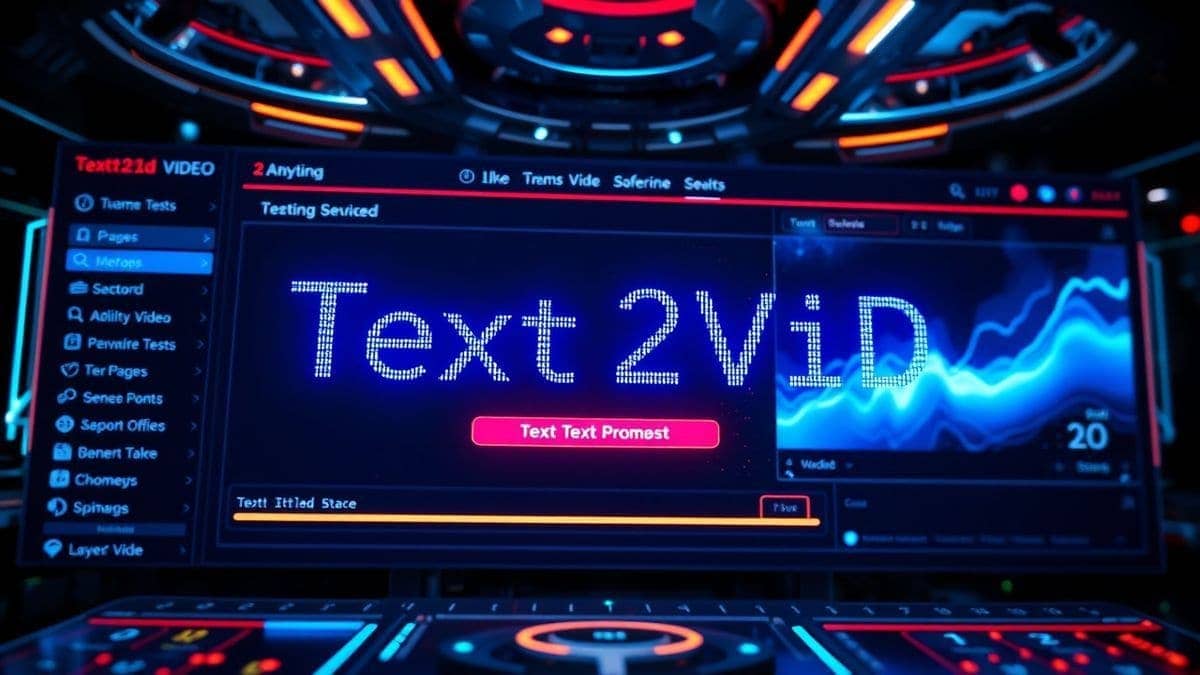 text2vid ai video generator converting text prompt into video, futuristic video creation dashboard, ultra detailed, holographic interface