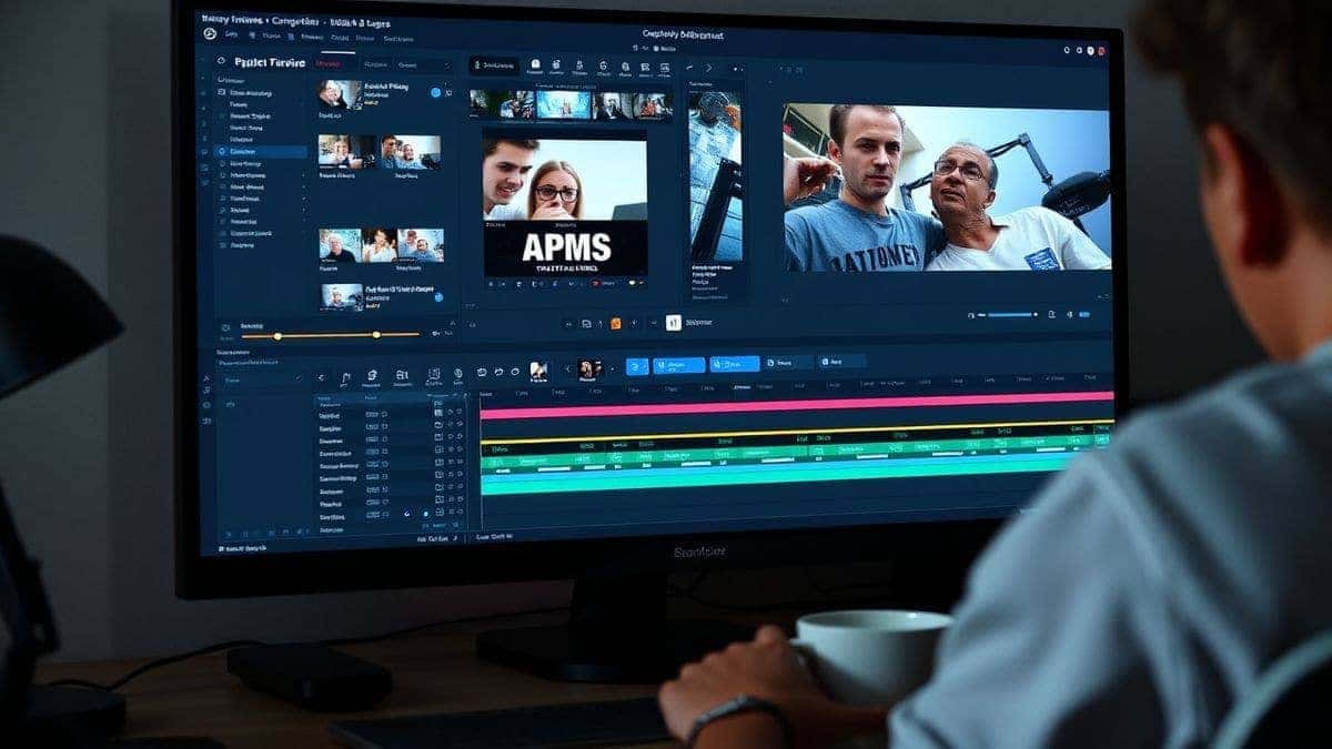 messy video editing timeline with multiple layers and complex tools, cluttered interface, frustrated creator, modern desk setup with coffee cup, dim lighting