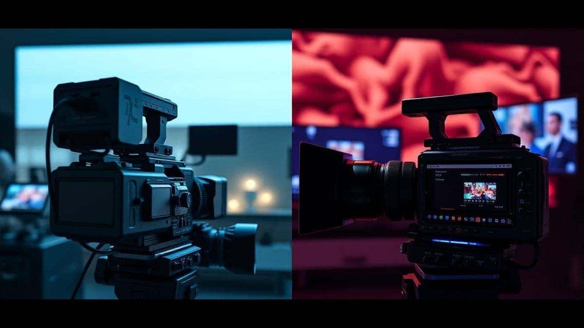 split screen comparison showing traditional video production equipment versus modern ai video generator online interface, cinematic contrast, ultra detailed split screen comparison showing traditional video production equipment versus modern ai video generator online interface, cinematic contrast, ultra detailed