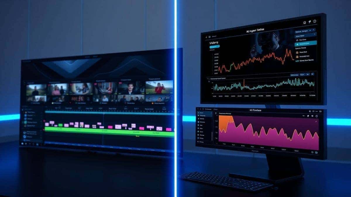 split screen comparison showing complex traditional video editing timeline versus simple one click ai generation interface, futuristic dashboard design, professional visualization
